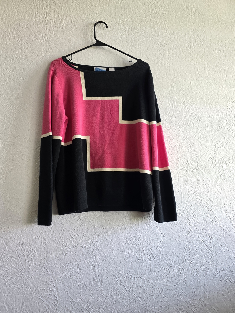 Retro Liz Claiborne Pink, Black Colorblock Geometric Crewneck Sweater